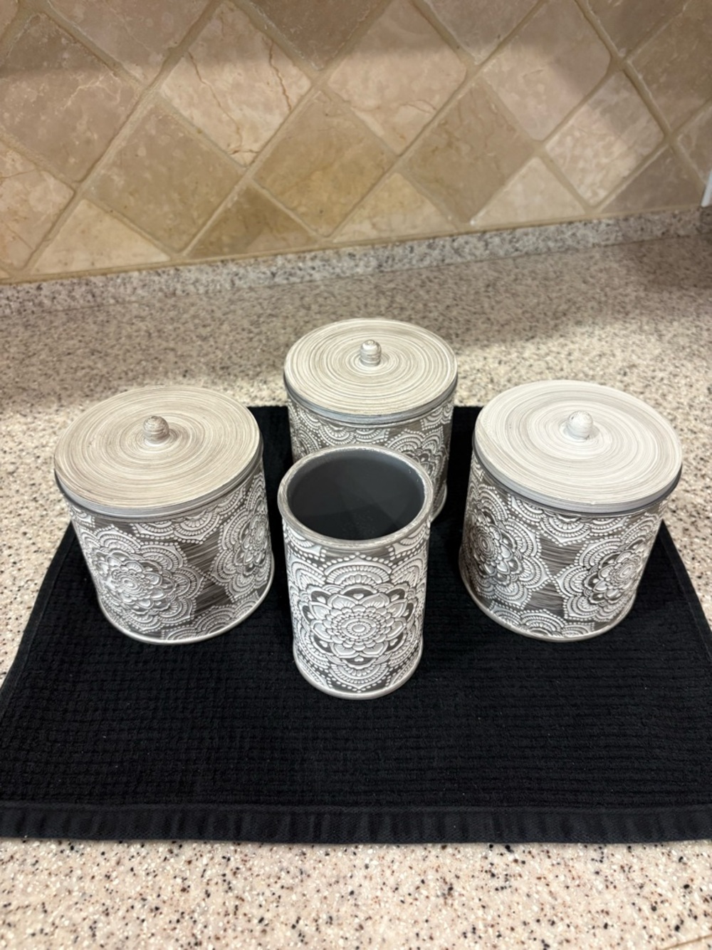 4 Piece Vanity Set For The Bathroom. Grey With White Cut Out Design By Bino